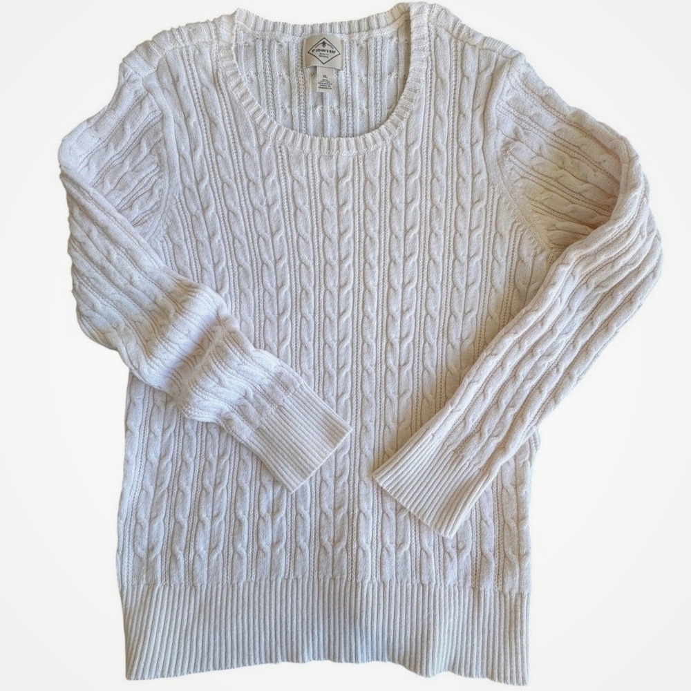 ST JOHNS BAY Cream Cable Knit Sweater Womens XL Long‎ Sleeve Crew Neck Cotton